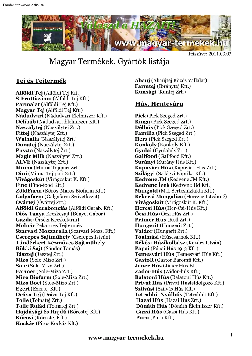 Magyar termékek, gyártók listája