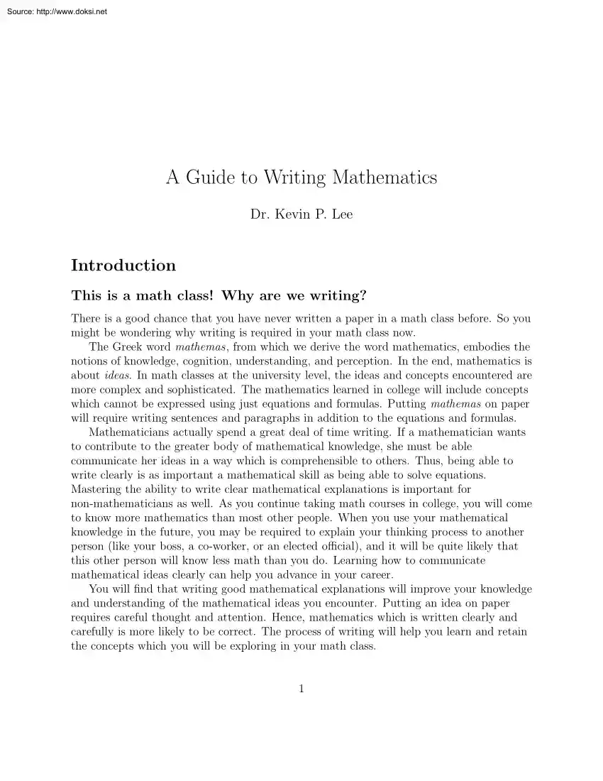 Dr. Kevin P. Lee - A Guide to Writing Mathematics