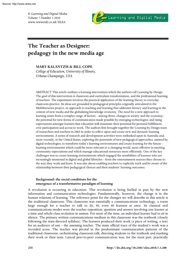 Kalantzis-Cope - The Teacher as Designer, Pedagogy in the New Media Age