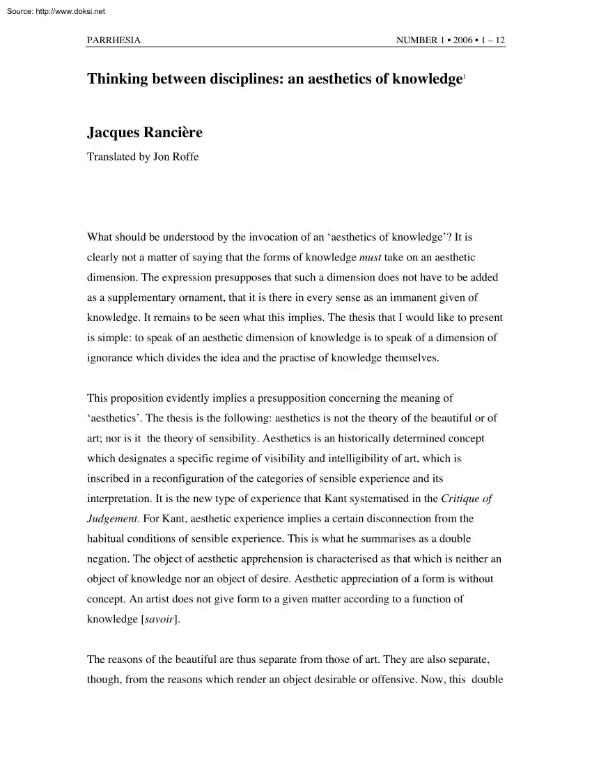 Jacques Ranciére - Thinking between Disciplines, An Aesthetics of Knowledge