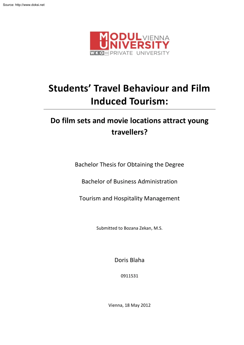 Bozana Zekan - Students Travel Behaviour and Film Induced Tourism