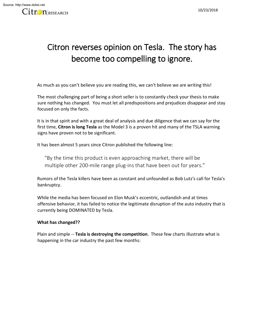 Citron Reverses Opinion on Tesla, The Story has Become too Compelling to Ignore