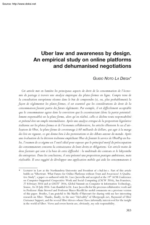 Uber Law and Awareness by Design, An Empirical Study on Online Platforms and Dehumanised Negotiations