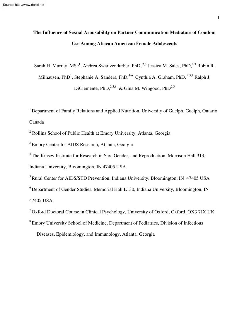 Murray-Swartzendurber-Sales - The Influence of Sexual Arousability on Partner Communication Mediators of Condom Use Among African American Female Adolescents