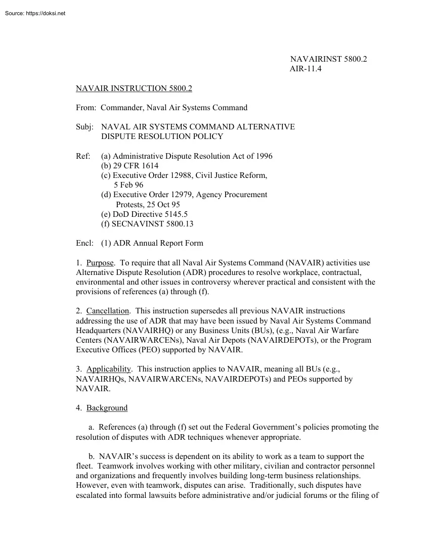 NAVAIRINST 5800.2, Naval air systems command alternative dispute resolution policy