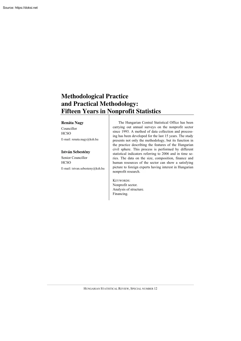 Nagy-Sebestény - Methodological Practice and Practical Methodology, Fifteen Years in Nonprofit Statistics