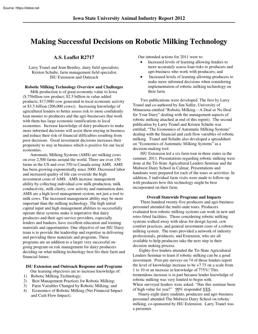 Making Successful Decisions on Robotic Milking Technology