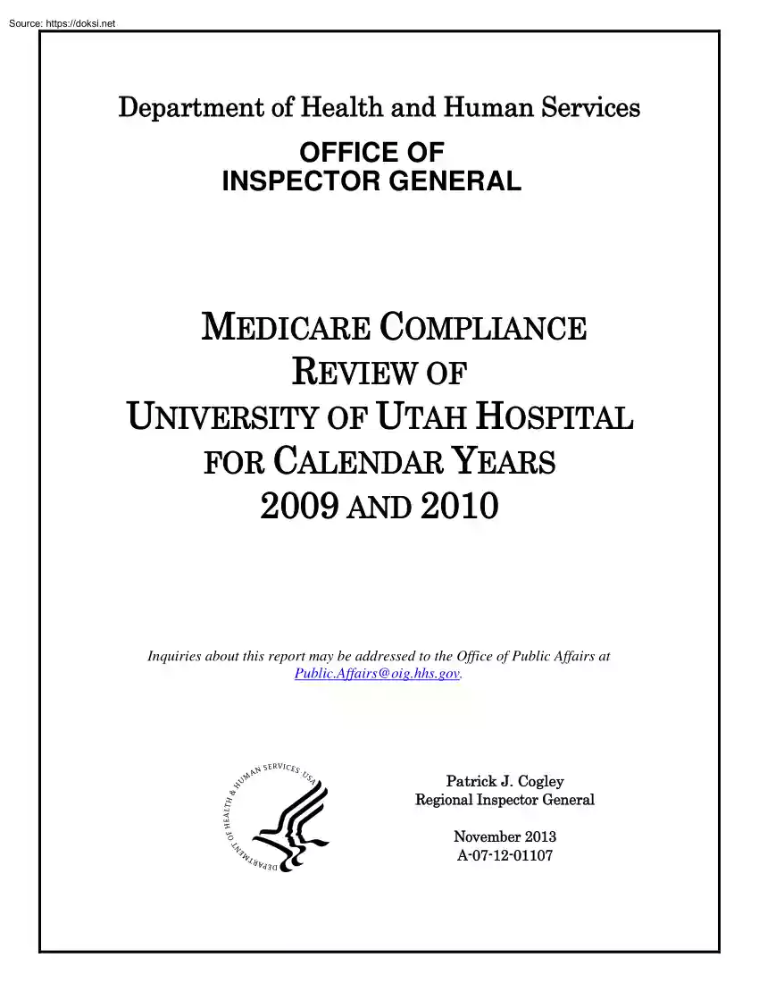 Medicare Compliance Review of University of Utah Hospital for Calendar Years 2009 and 2010