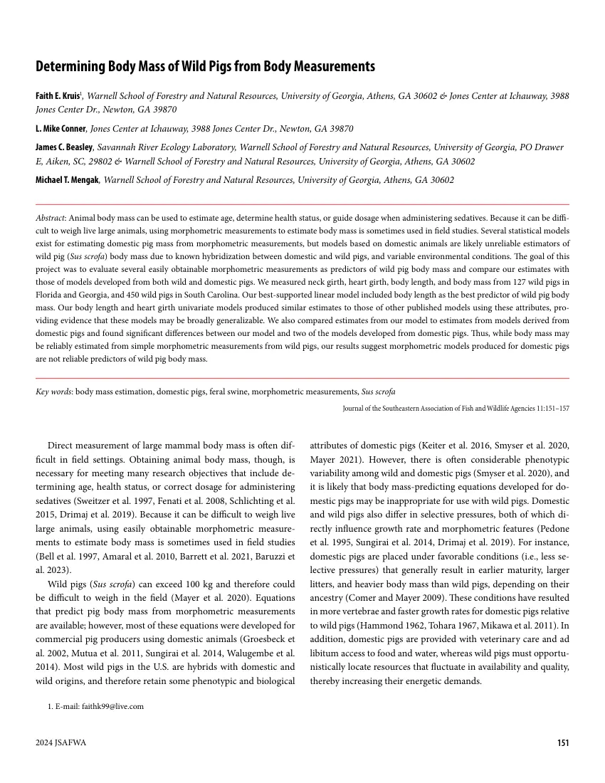 Determining Body Mass of Wild Pigs from Body Measurements