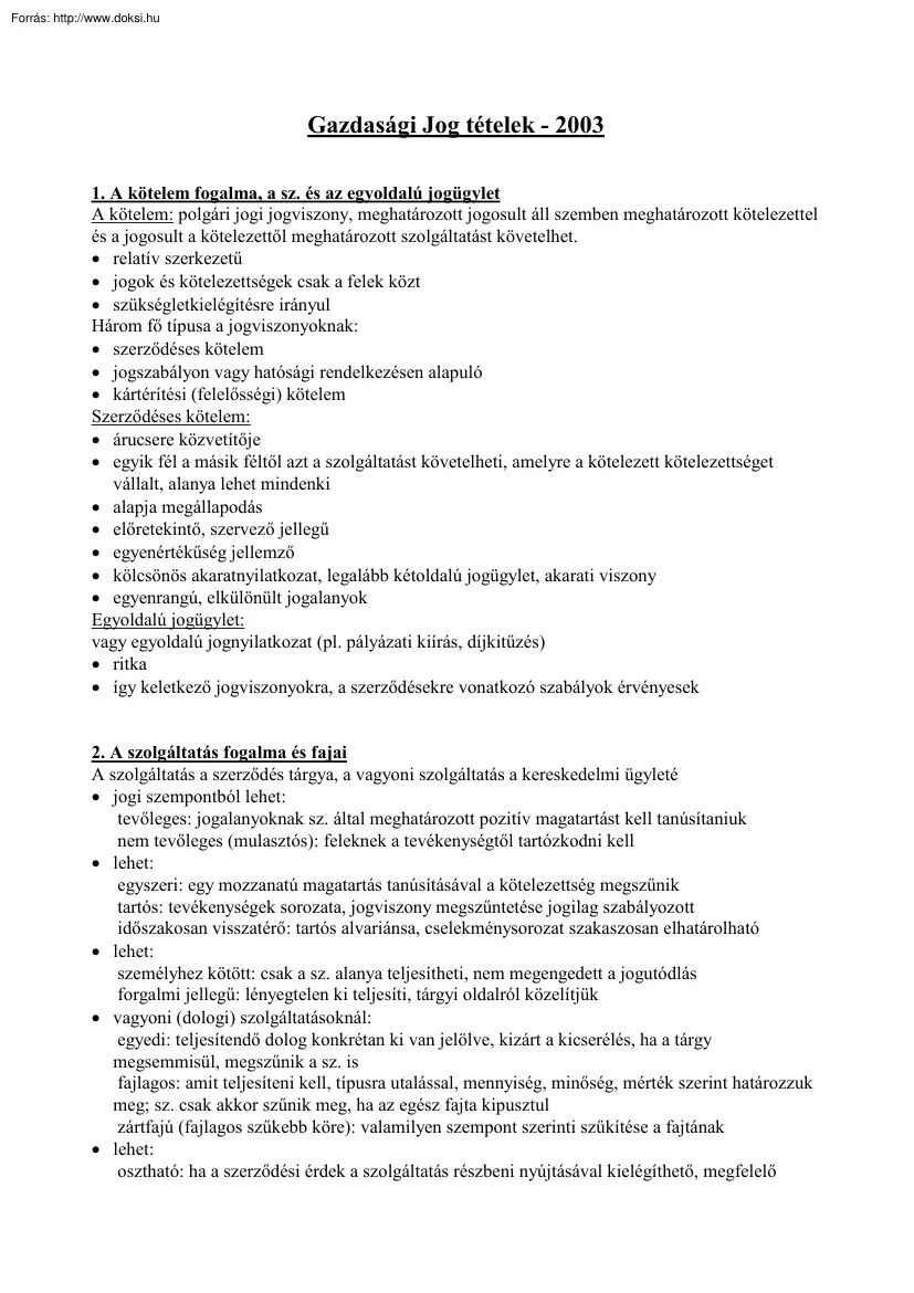 Gazdasági jog tételek, 2003