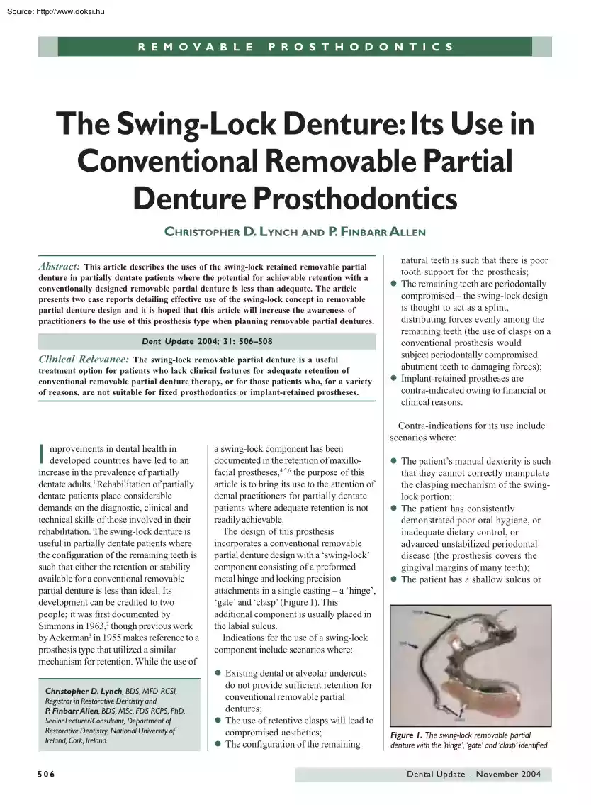 Christopher-Finbarr - The swing-lock denture, its use in conventional removable partial denture prosthodontics
