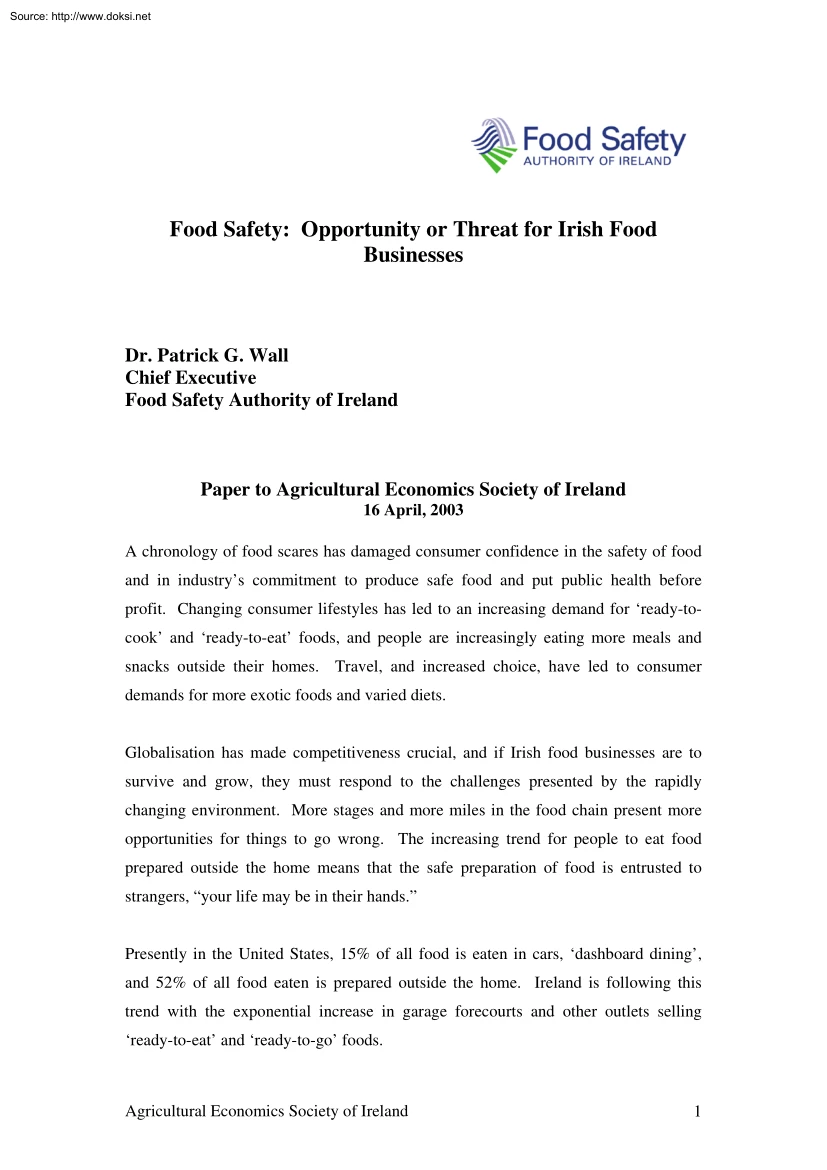 Dr.Patrick-G.Wall - Food Safety  Opportunity or Threat for Irish Food Businesses