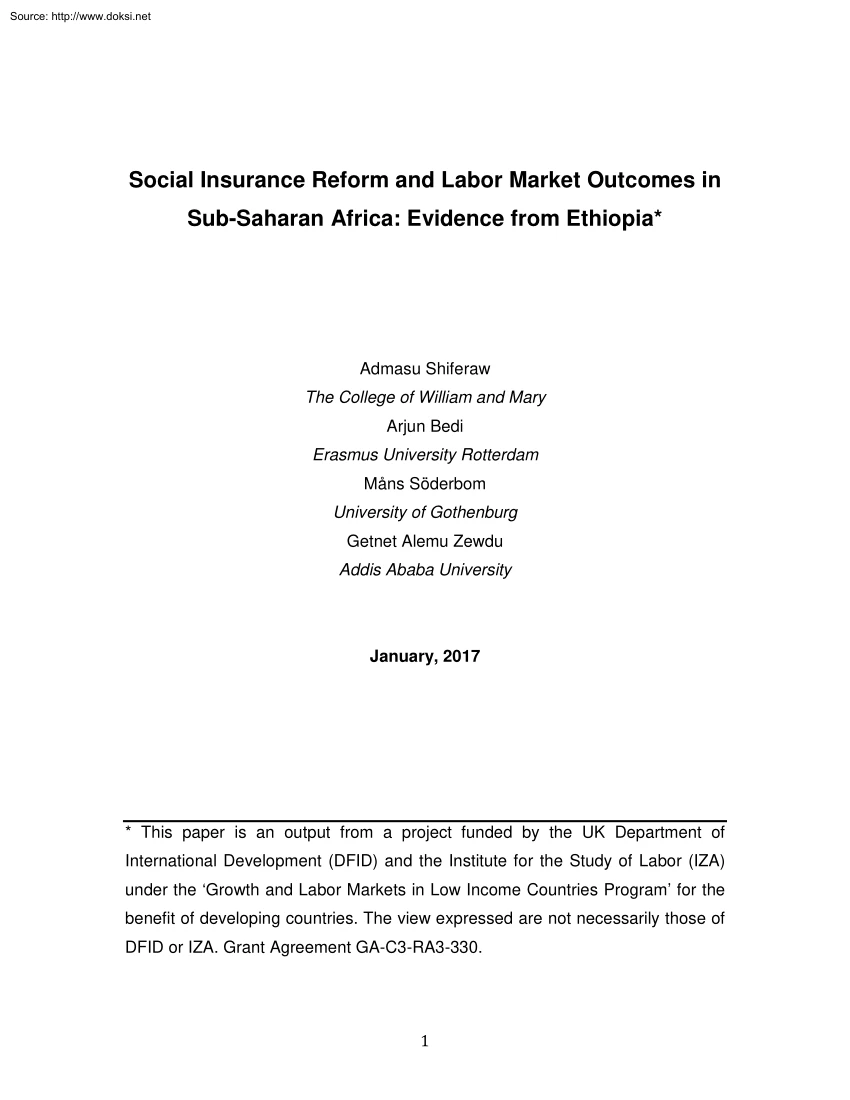 Admasu-Arjun-Getnet - Social Insurance Reform and Labor Market Outcomes in Sub Saharan Africa, Evidence from Ethiopia