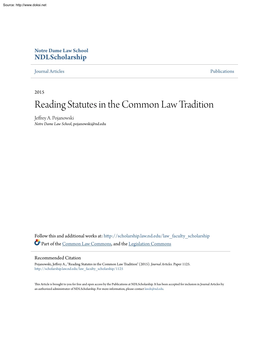 Jeffrey A. Pojanowski - Reading Statutes in the Common Law Tradition
