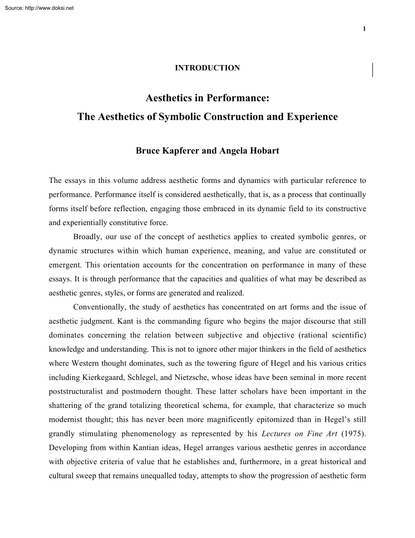 Kapferer-Hobart - Aesthetics in Performance, The Aesthetics of Symbolic Construction and Experience