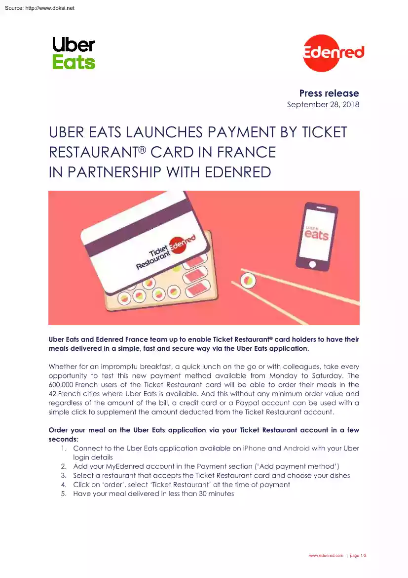 UBER Eats Launches Payment by Ticket Restaurant Card in France in Partnership with Edenred