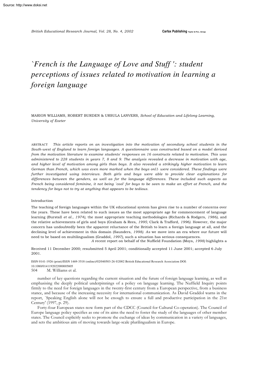 French is the Language of Love and Stuff, Student Perceptions of Issues Related to Motivation in Learning a Foreign Language