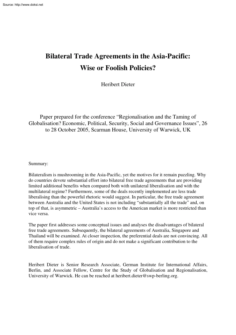 Heribert Dieter - Bilateral Trade Agreements in the Asia Pacific, Wise or Foolish Policies