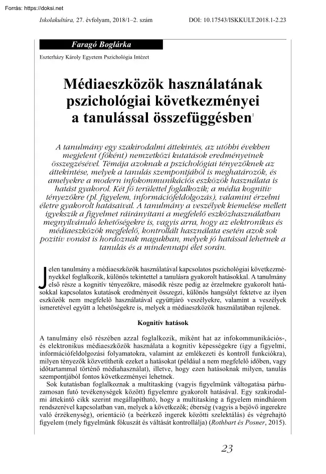 Faragó Boglárka - Médiaeszközök használatának pszichológiai következményei a tanulással összefüggésben