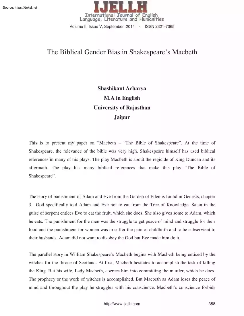 Shashikant Acharya - The Biblical Gender Bias in Shakespeare Macbeth