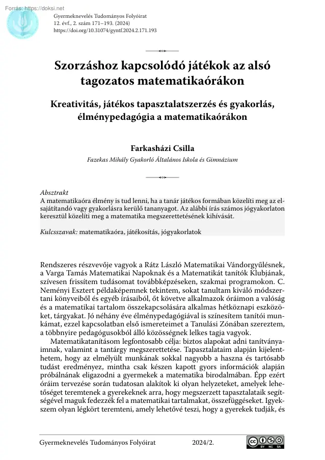 Farkasházi Csilla - Szorzáshoz kapcsolódó játékok az alsó tagozatos matematikaórákon