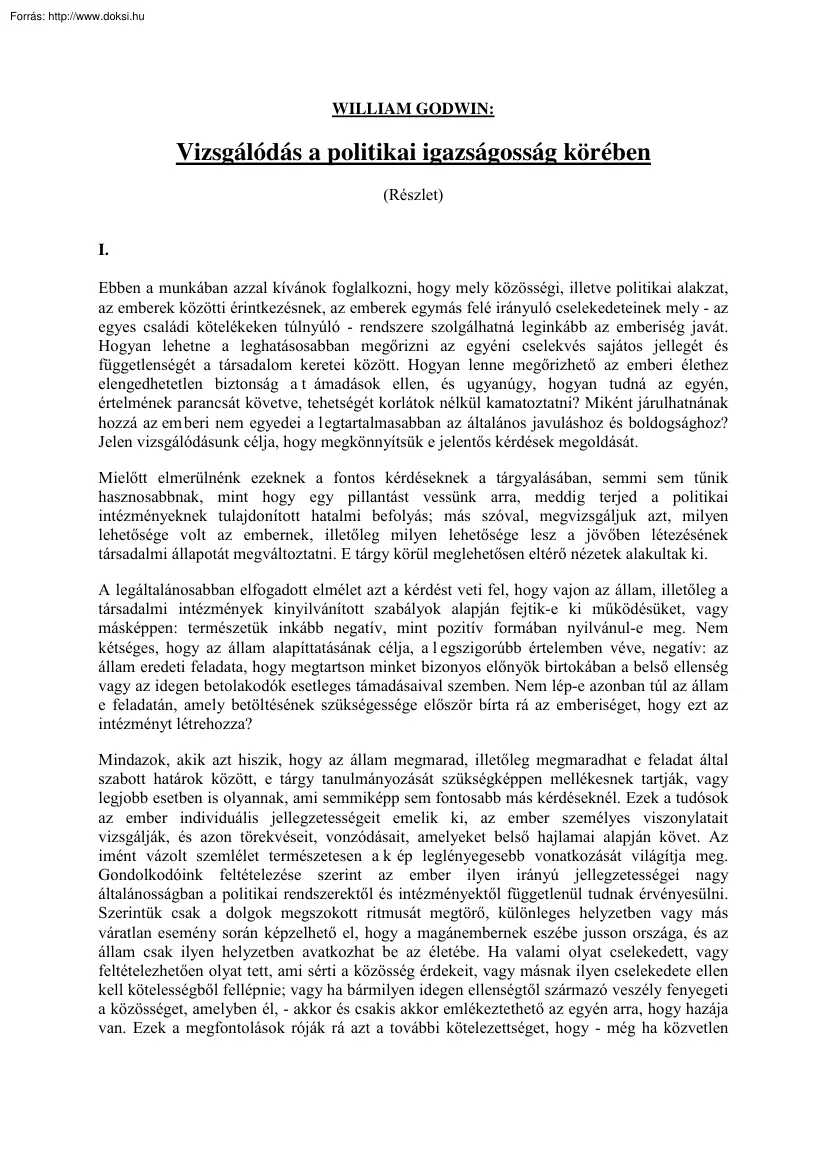 William Godwin - Vizsgálódás a politikai igazságosság körében