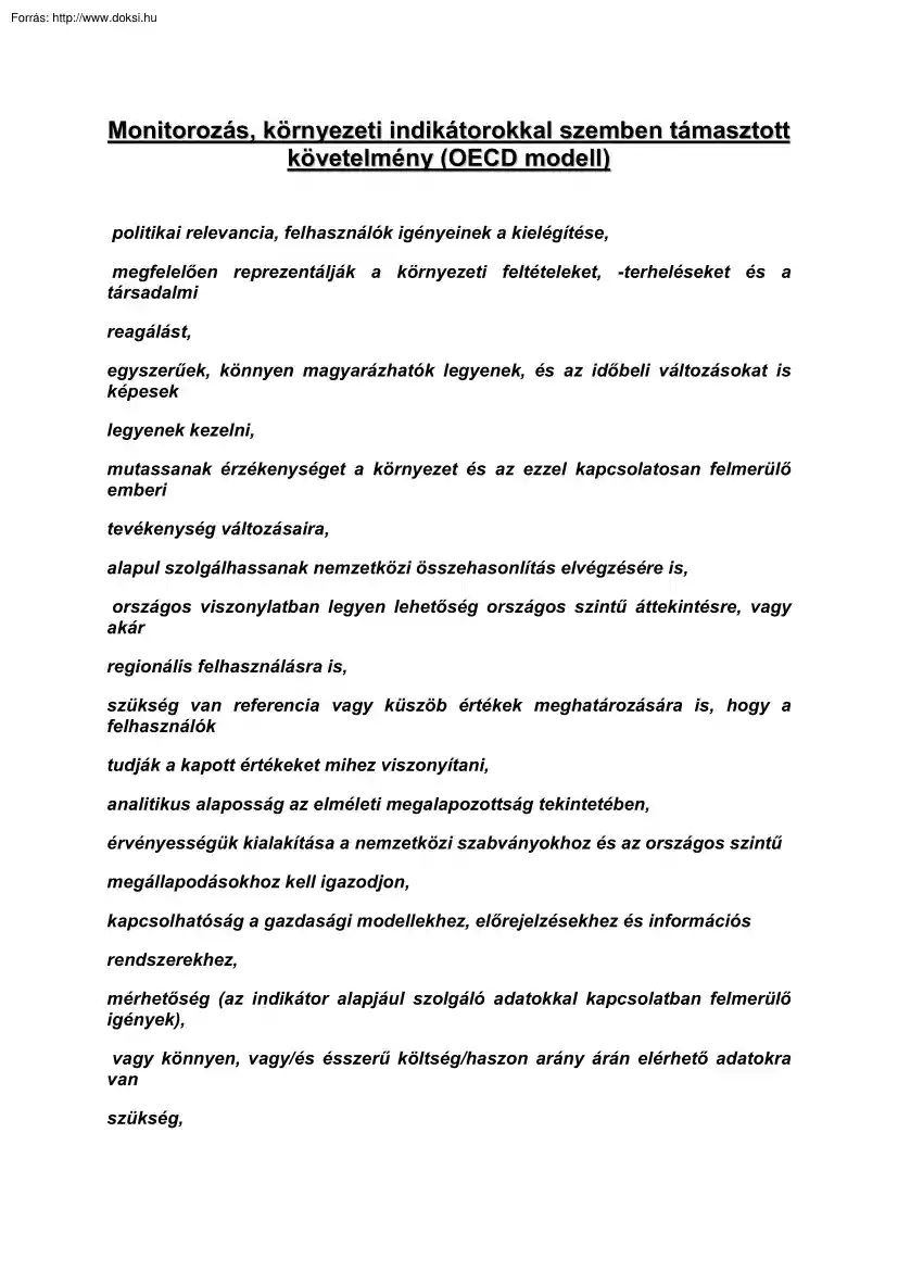 Monitorozás, környezeti indikátorokkal szemben támasztott követelmény (OECD modell)