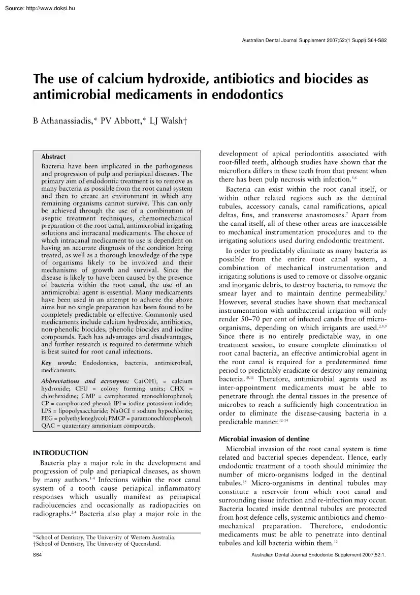 Athanassiadis-Abbott - The use of calcium hydroxide, antibiotics and biocides as antimicrobial medicaments in endodontics