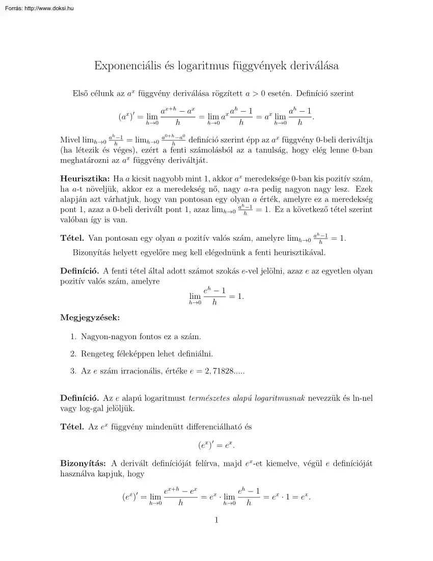 Exponenciális és logaritmus függvények deriválása
