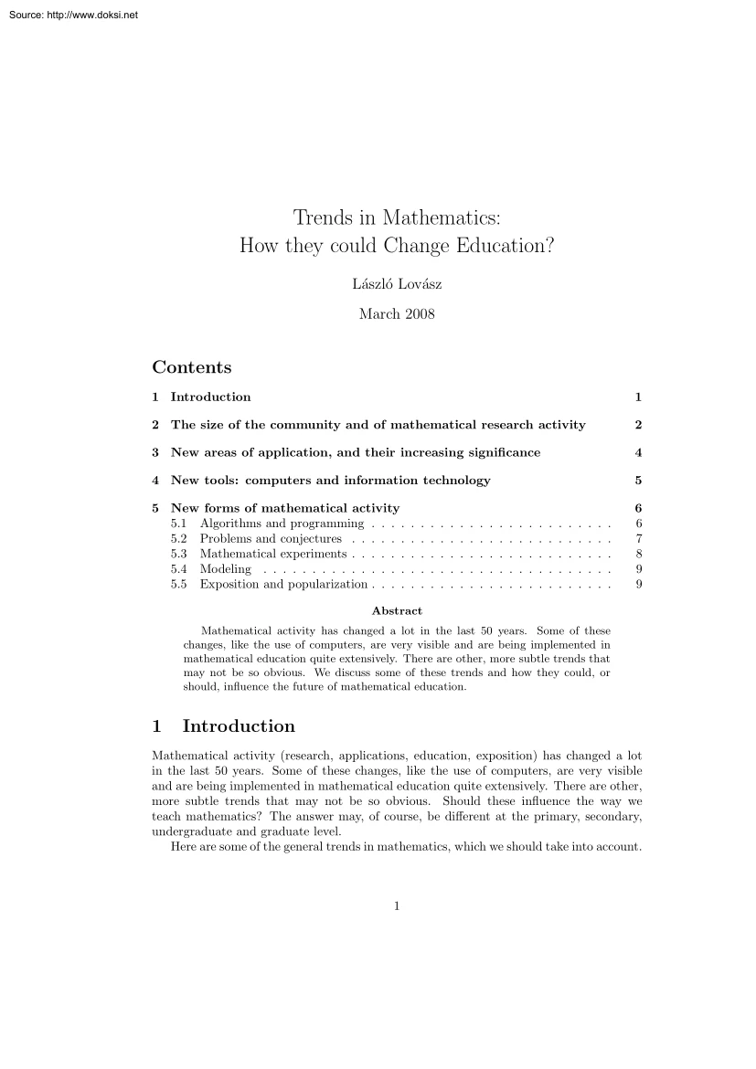 László Lovász - Trends in Mathematics, How they could Change Education