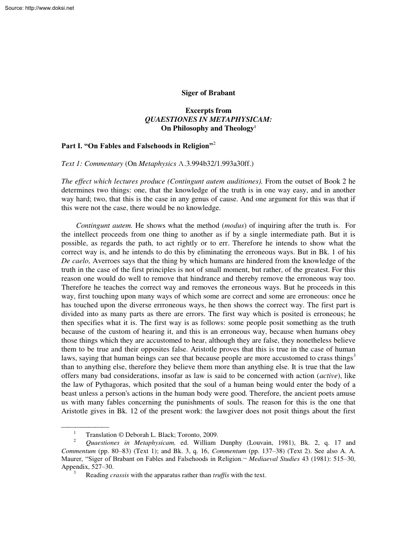 Siger of Brabant, Excerpts from Quaestiones in Metaphysicam, On Philosophy and Theology