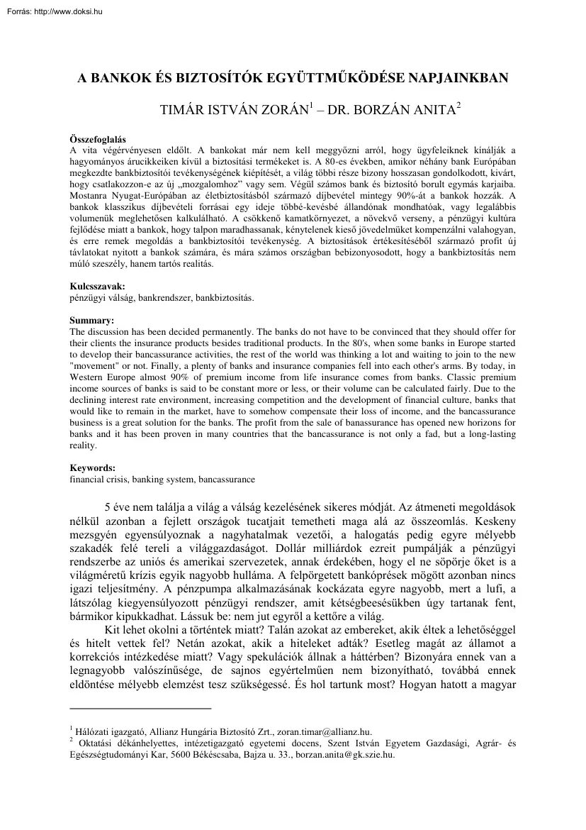 Timár-Dr. Borzán - A bankok és biztosítók együttműködése napjainkban