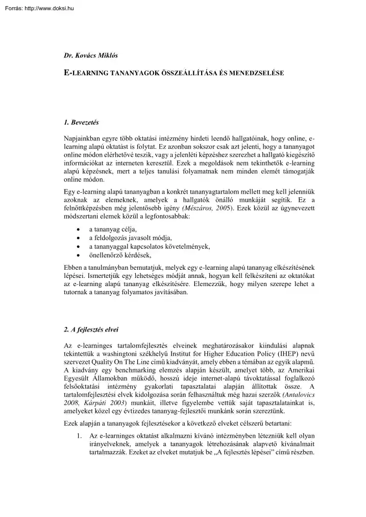 Dr. Kovács Miklós - E-learning tananyagok összeállítása és menedzselése