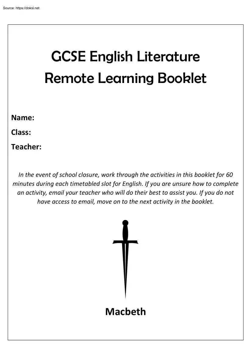 GCSE English Literature, Remote Learning Booklet