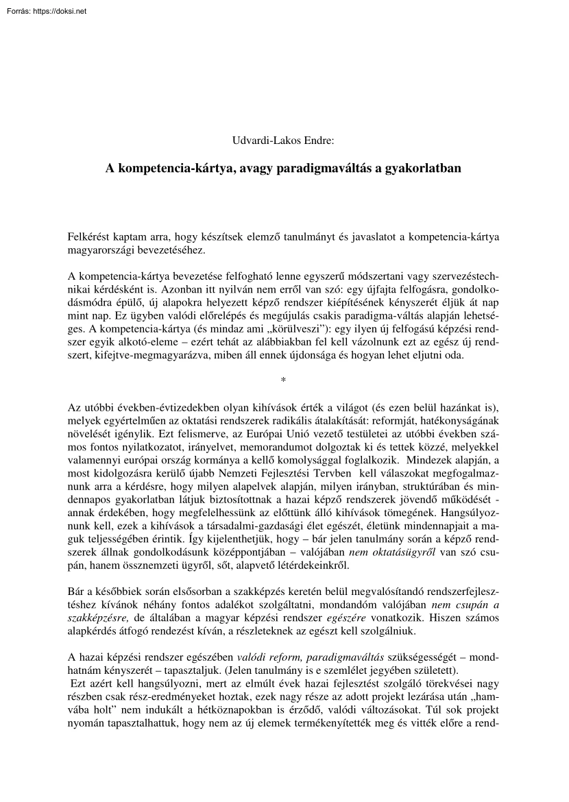 Udvardi-Lakos Endre - A kompetencia-kártya, avagy paradigmaváltás a gyakorlatban