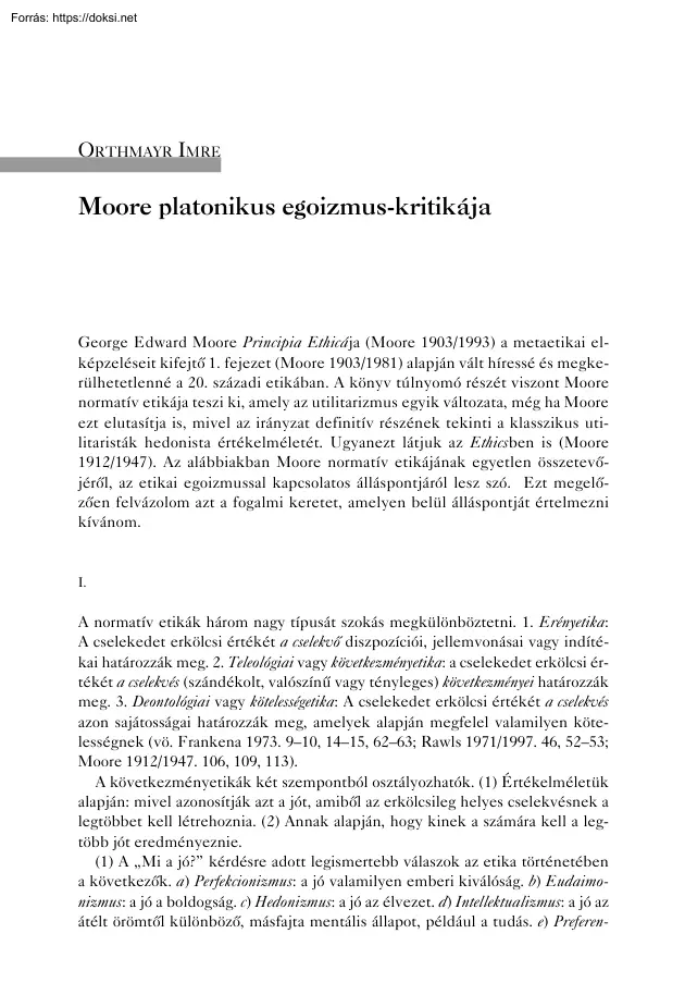 Orthmayr Imre - Moore platonikus egoizmus-kritikája