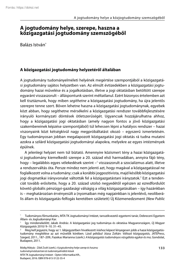 Balázs István - A jogtudomány helye, szerepe, haszna a közigazgatási jogtudomány
