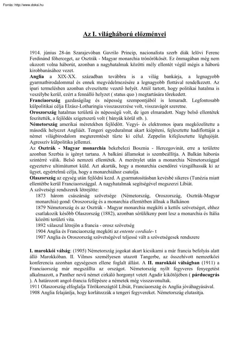 Az I. világháború előzményei