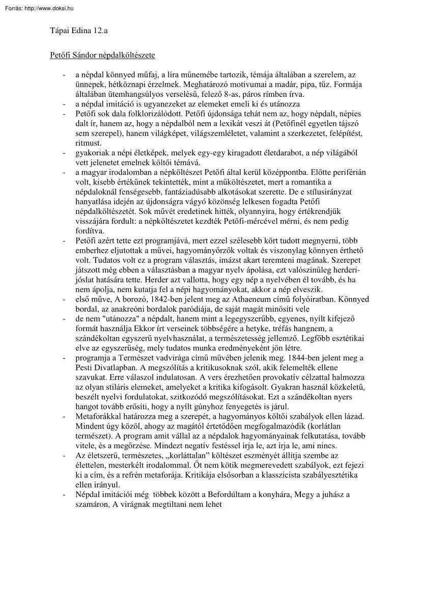 Tápai Edina - Petőfi népdalköltészete vázlat