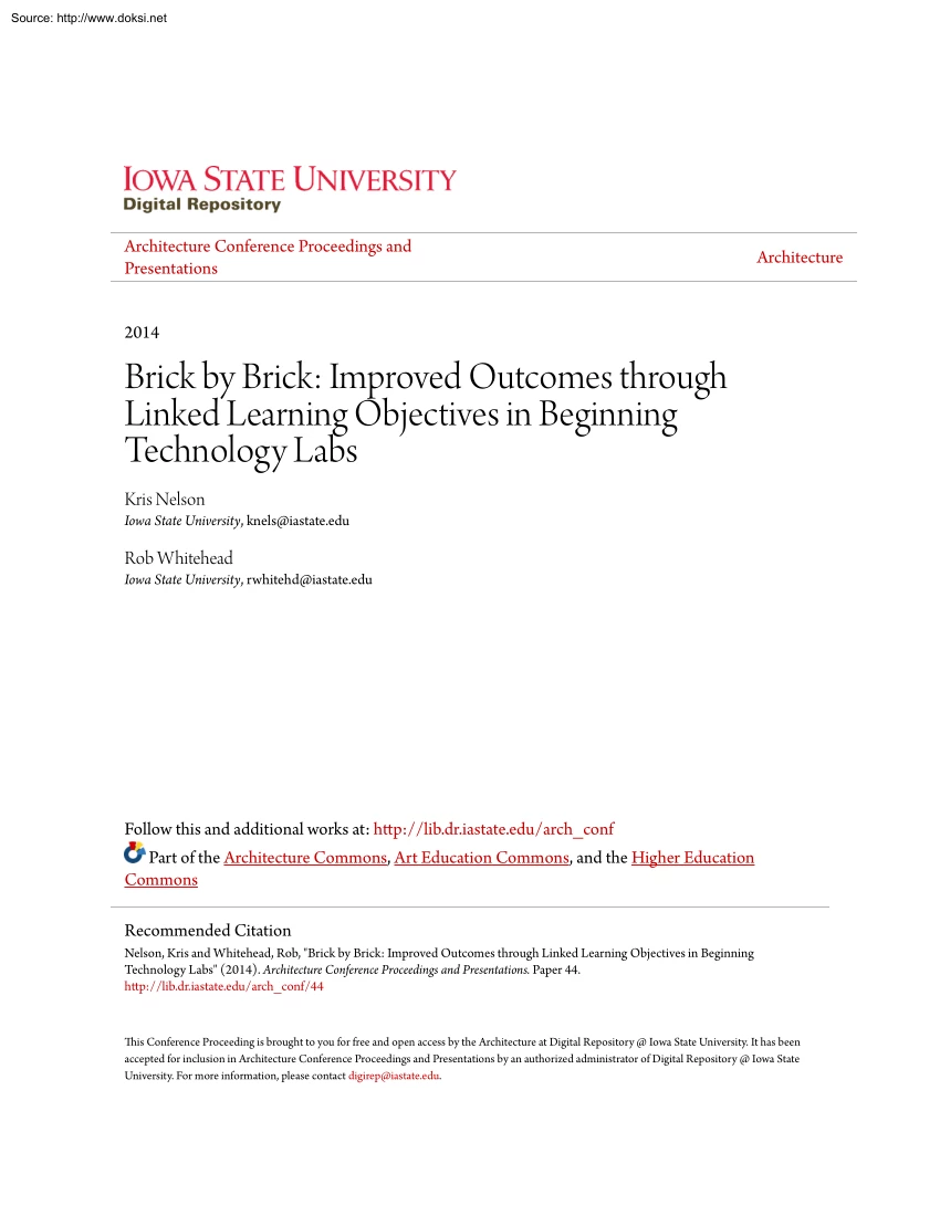 Nelson-Whitehead - Brick by Brick, Improved Outcomes through Linked Learning Objectives in Beginning Technology Labs