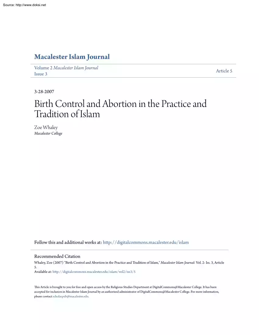Zoe Whaley - Birth Control and Abortion in the Practice and Tradition of Islam