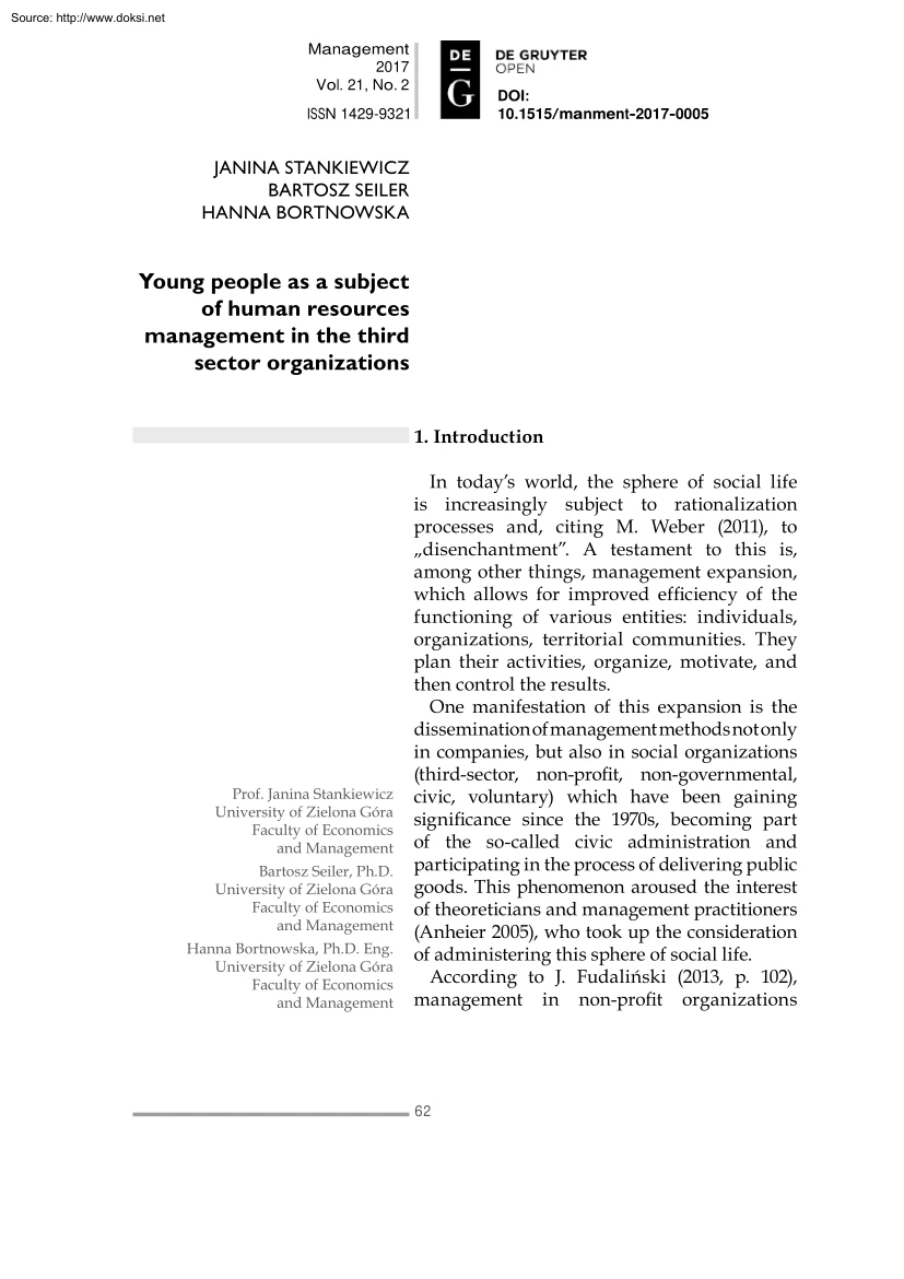 Young People as a Subject of Human Resources Management in the Third Sector Organizations