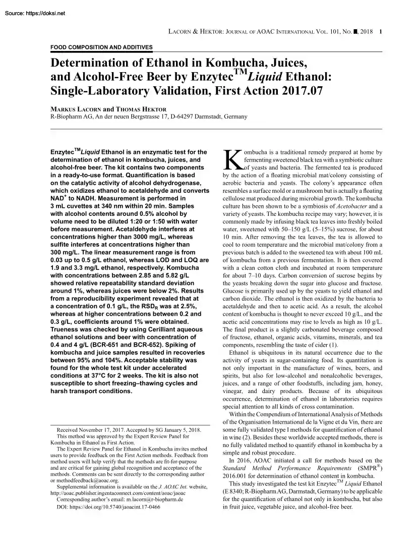 Determination of Ethanol in Kombucha, Juices, and Alcohol-Free Beer by Enzytec Liquid Ethanol, Single-Laboratory Validation