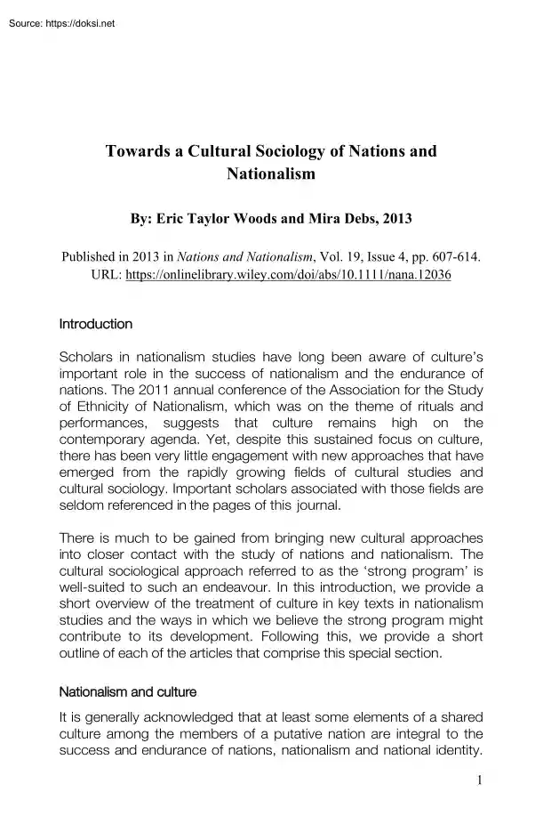 Towards a Cultural Sociology of Nations and Nationalism