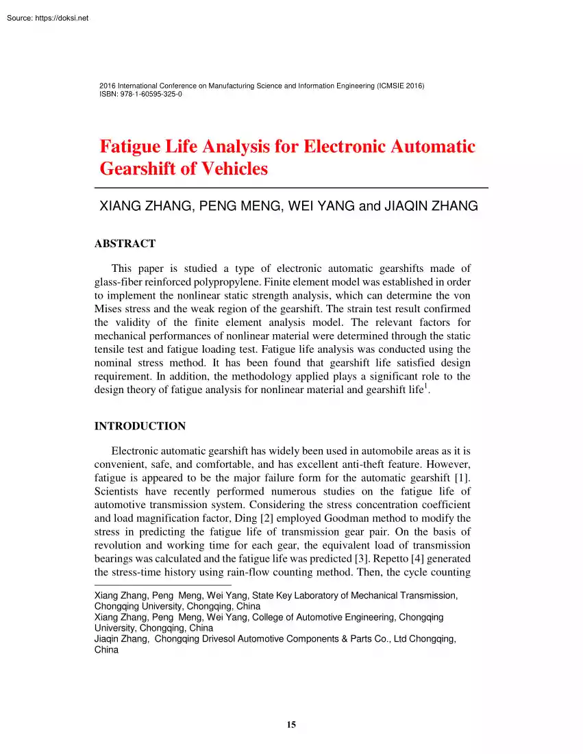 Zhang-Meng-Yang - Fatigue Life Analysis for Electronic Automatic Gearshift of Vehicles