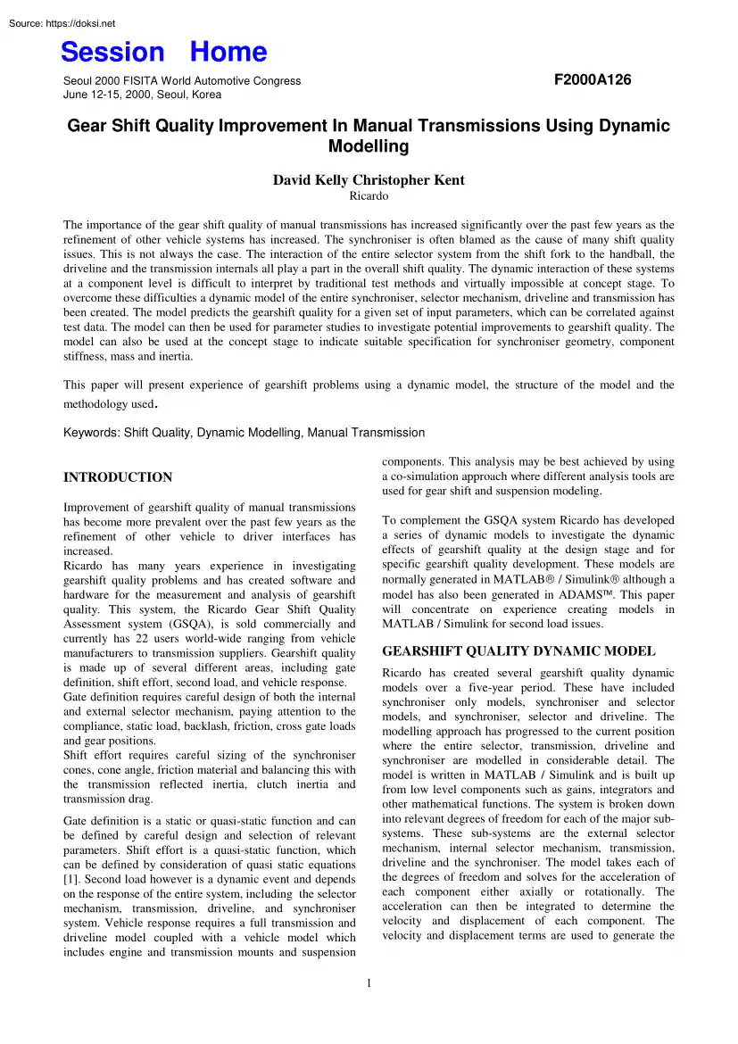 Kelly-Kent - Gear Shift Quality Improvement In Manual Transmissions Using Dynamic Modelling