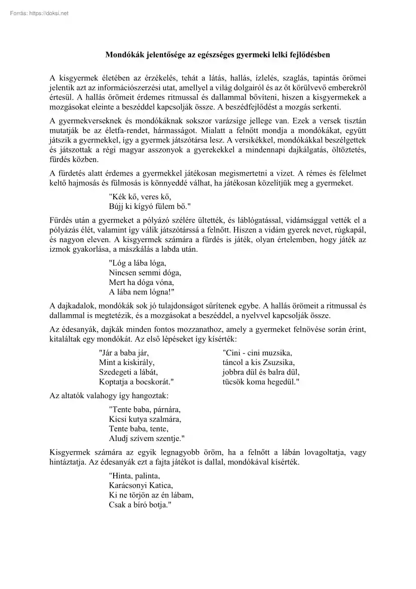 Mondókák jelentősége az egészséges gyermeki lelki fejlődésben