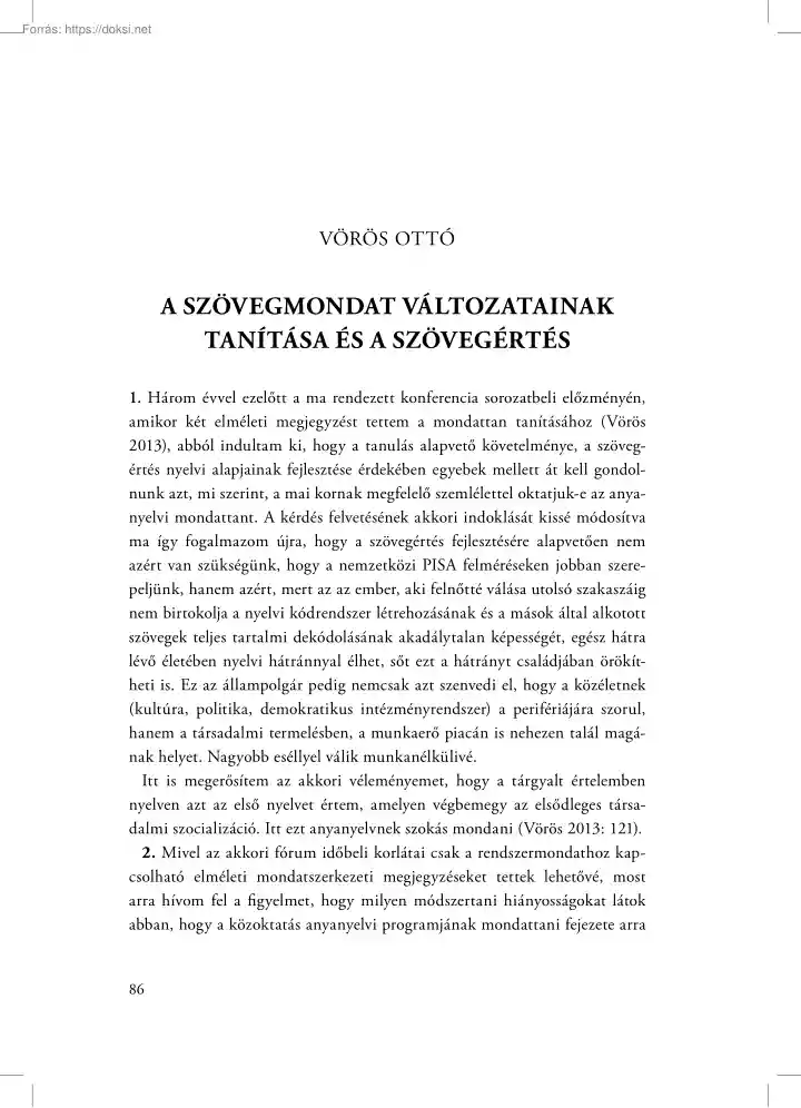 Vörös Ottó - A szövegmondat változatainak tanítása és a szövegértés