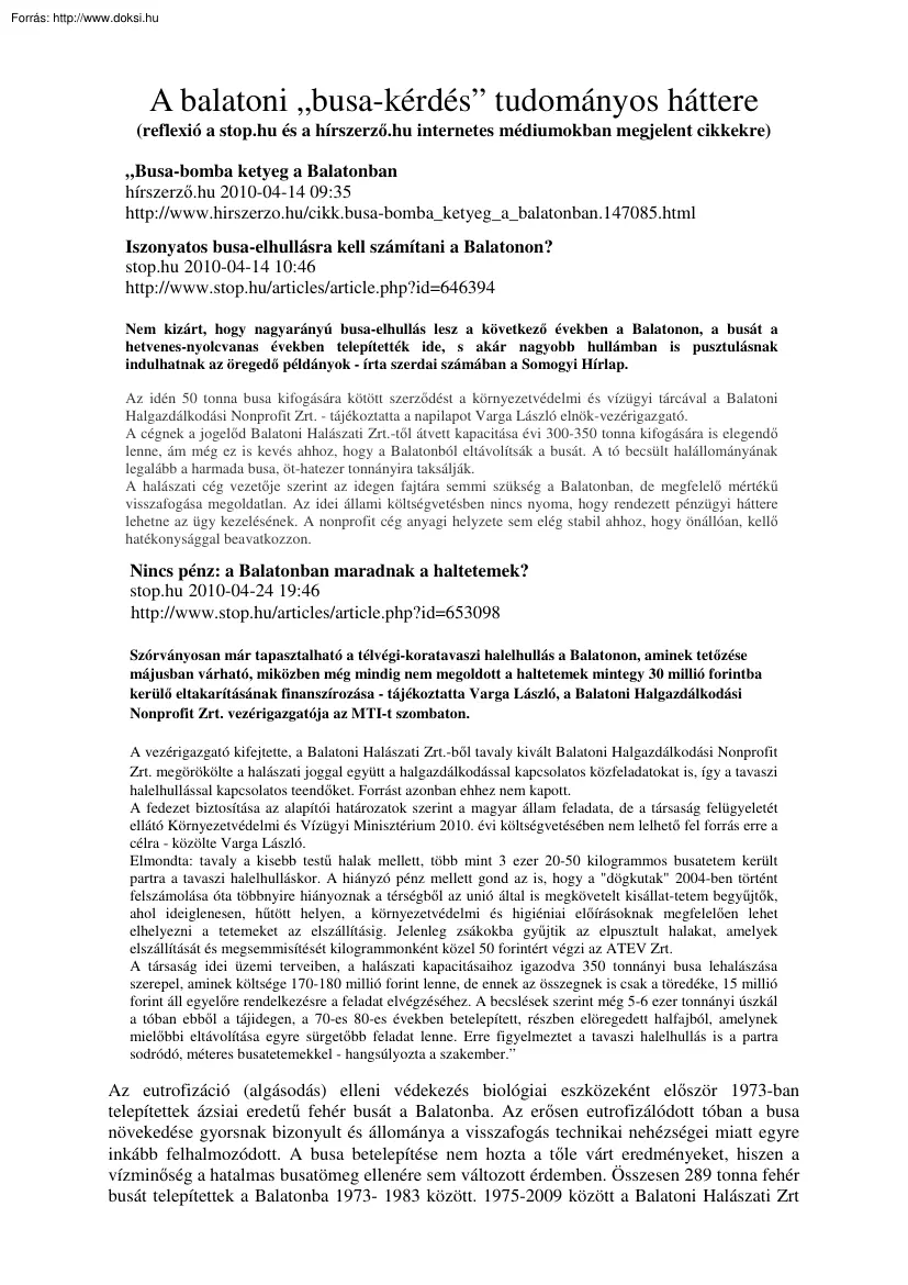 Dr. Tátrai István - A balatoni busa-kérdés tudományos háttere