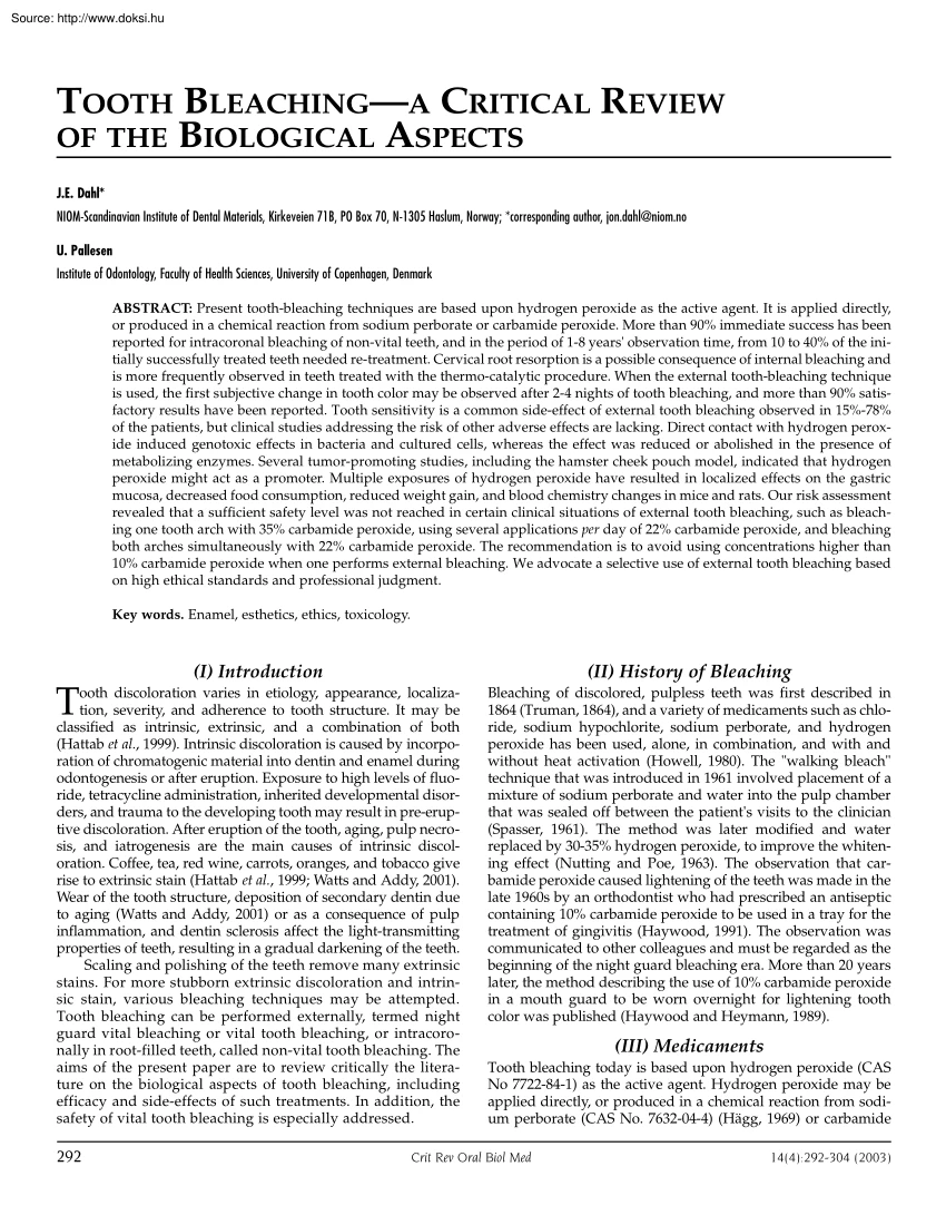 Dahl-Pallesen - Tooth bleaching, a critical review of the biological aspects